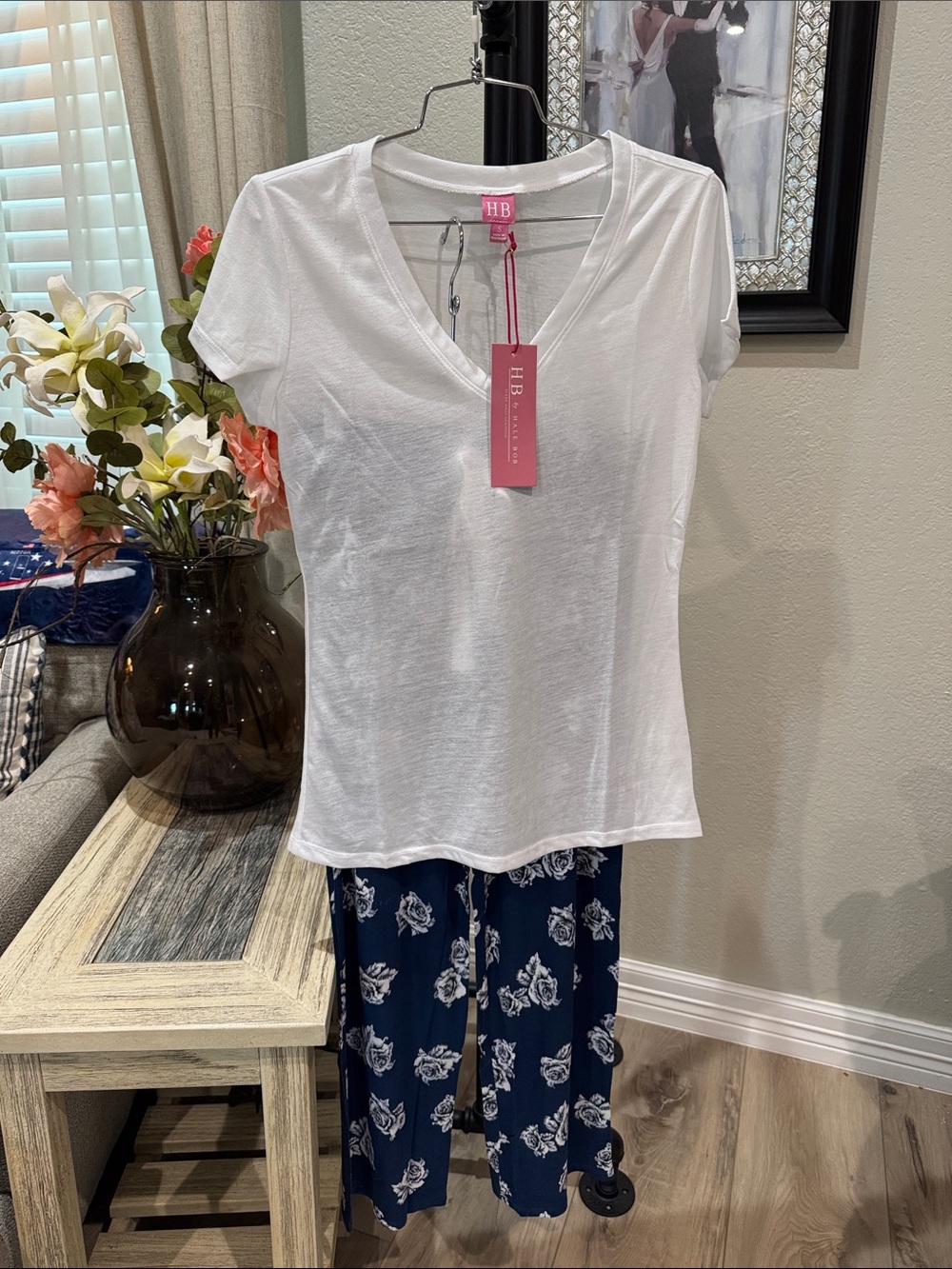 Hale Bob White V-Neck Sleep Top with Navy Floral Pajama Pants